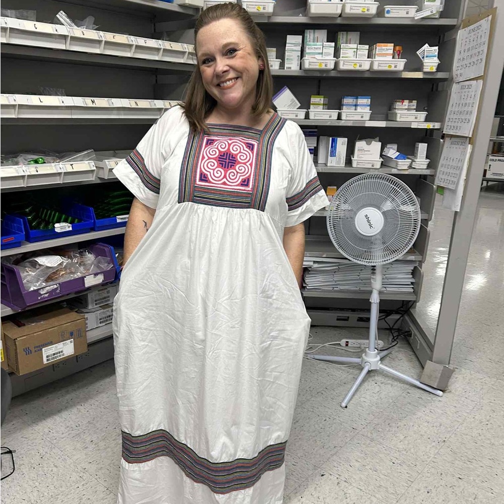 Boho Embroidered Cotton Dress Sabrina Vintage Folk Style White Size L